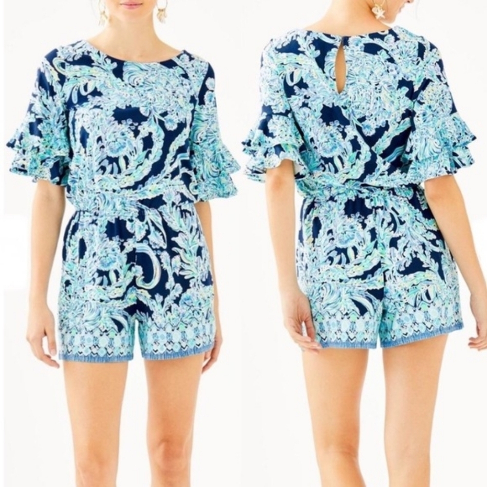 Lilly Pulitzer Womens Lula romper in the High Tide Navy Scuba Doo print‎ Size Sm